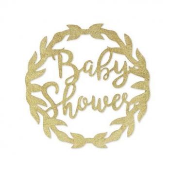 COURONNE GEANTE BABYSHOWER BOIS PAILLETTES OR 60CM