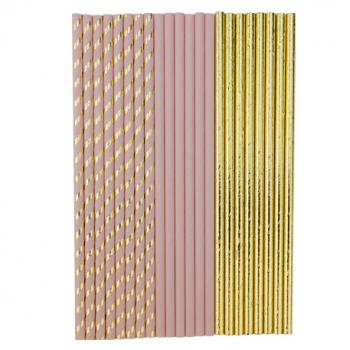 22 PAILLES CARTON ROSE POUDRE ET OR 19,5CM