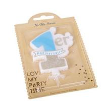 BOUGIE 1ER ANNIVERSAIRE BLEU ET PAILLETTES OR 10X8CM+ BOBECHE