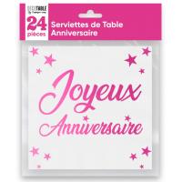 SERVIETTES ANNIVERSAIRE FUCHSIA METALLISEES X24