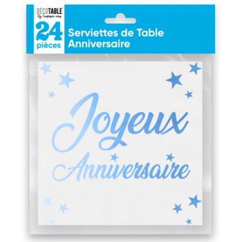 SERVIETTES ANNIVERSAIRE BLEU METALLISEES X24