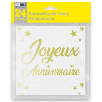 SERVIETTES ANNIVERSAIRE OR METALLISEES X24