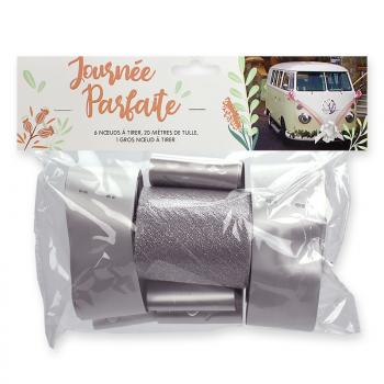 KIT DE DECORATION VOITURE ARGENT (6noeuds+1 gros noeud+tulle20M)