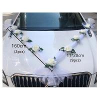 DECORATION VOITURE 9 ROSES BLANCHES + TULLE