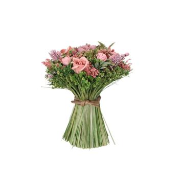 BOUQUET CHAMPETRES ROSES+FEUILLAGES DIAM 16CM X20CM