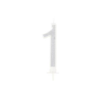 BOUGIE CHIFFRE 1 CALLIGRAPHIE PAILLETTE ARGENT 10,5CM
