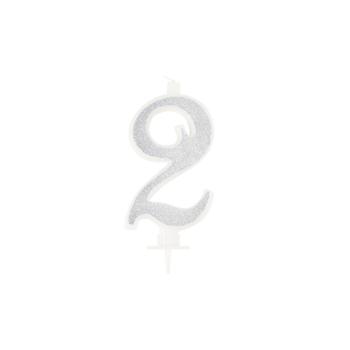 BOUGIE CHIFFRE 2 CALLIGRAPHIE PAILLETTE ARGENT 10,5CM