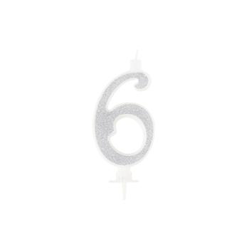 BOUGIE CHIFFRE 6 CALLIGRAPHIE PAILLETTE ARGENT 10,5CM