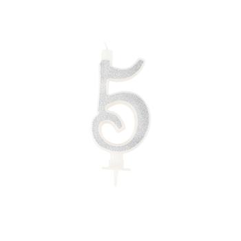 BOUGIE CHIFFRE 5 CALLIGRAPHIE PAILLETTE ARGENT 10,5CM