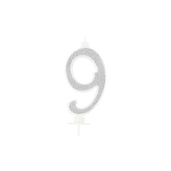 BOUGIE CHIFFRE 9 CALLIGRAPHIE PAILLETTE ARGENT 10,5CM