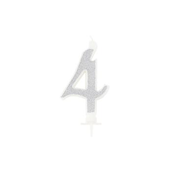 BOUGIE CHIFFRE 4 CALLIGRAPHIE PAILLETTE ARGENT 10,5CM
