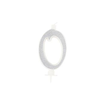 BOUGIE CHIFFRE 0 CALLIGRAPHIE PAILLETTE ARGENT 10,5CM