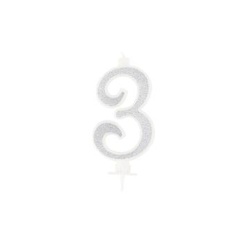 BOUGIE CHIFFRE 3 CALLIGRAPHIE PAILLETTE ARGENT 10,5CM