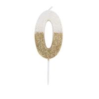 BOUGIE CHIFFRE 0 BLANCHE PAILLETTES OR 7CM SUR PIC