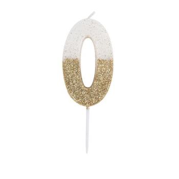BOUGIE CHIFFRE 0 BLANCHE PAILLETTES OR 7CM SUR PIC