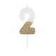 BOUGIE CHIFFRE 2 BLANCHE PAILLETTES OR 7CM SUR PIC