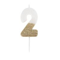 BOUGIE CHIFFRE 2 BLANCHE PAILLETTES OR 7CM SUR PIC