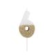 BOUGIE CHIFFRE 6 BLANCHE PAILLETTES OR 7CM SUR PIC