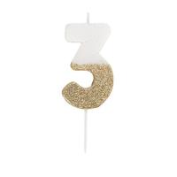 BOUGIE CHIFFRE 3 BLANCHE PAILLETTES OR 7CM SUR PIC