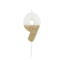 BOUGIE CHIFFRE 9 BLANCHE PAILLETTES OR 7CM SUR PIC