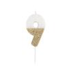 BOUGIE CHIFFRE 9 BLANCHE PAILLETTES OR 7CM SUR PIC