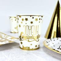 GOBELETS CARTON JOYEUX ANNIVERSAIRE OR 25CL X8