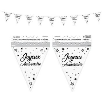 GUIRLANDE FANION JOYEUX ANNI. METALLIQUE BLANC 6M