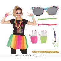 SET ANNEES 80 (collier/gants/lunettes/ext cheveux/boucles d'oreilles)