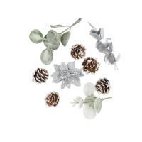 ASSORTIMENT FEUILLES GIVREES BAIES ET POINSETTIA ARGENT (9 pièces)