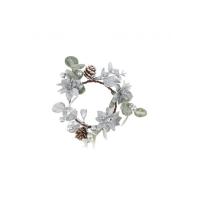 COURONNE FEUILLAGES BAIES, POMMES DE PIN POINSETTA ARGENT diam.15cm