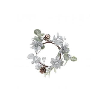 COURONNE FEUILLAGES BAIES, POMMES DE PIN POINSETTA ARGENT diam.15cm