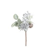 BRANCHE FEUILLAGES BAIES ET FLEURS POINSETTIA ARGENT 13,5CM