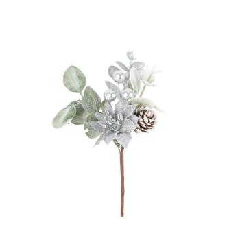 BRANCHE FEUILLAGES BAIES ET FLEURS POINSETTIA ARGENT 13,5CM