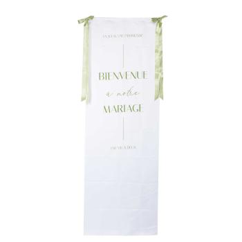 PANNEAU "BIENVENUE A NOTRE MARIAGE" TISSU CREME/PISTACHE 68CMX2M