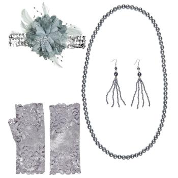 SET ANNEES 20 CHARLESTON (bandeau,collier,boucles, gants sans doigt)