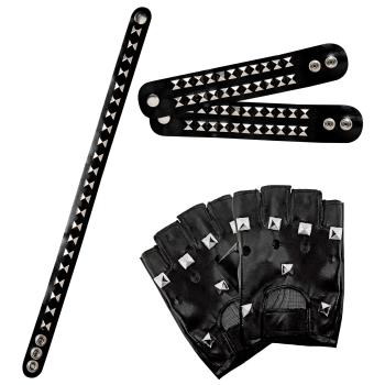 SET ROCKEUR MITAINES / COLLIER /2 BRACELETS EFFET CUIR