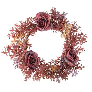 COURONNE 3 ROSES ET FEUILLAGES WITCHYLAND POURPRE (diam.50cm)